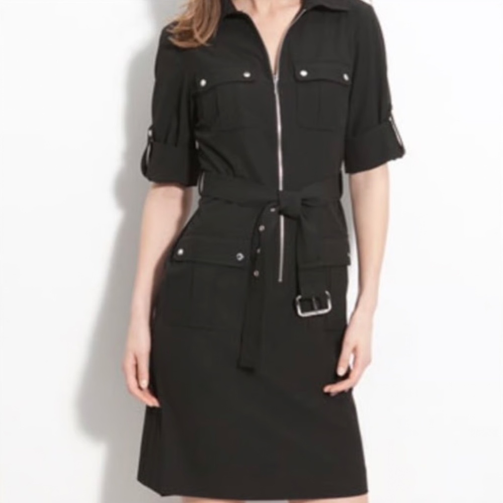 EUC Michael Michael Kors Black Belted Zip Shift Dress Size PM Petite Medium